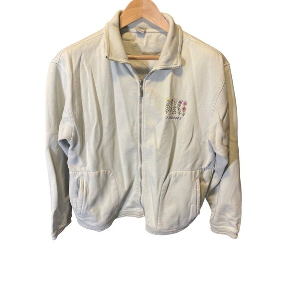 Foxwoods Light Green Floral Embroidered Full Zip Pullover Top SZ Large - Picture 1 of 6